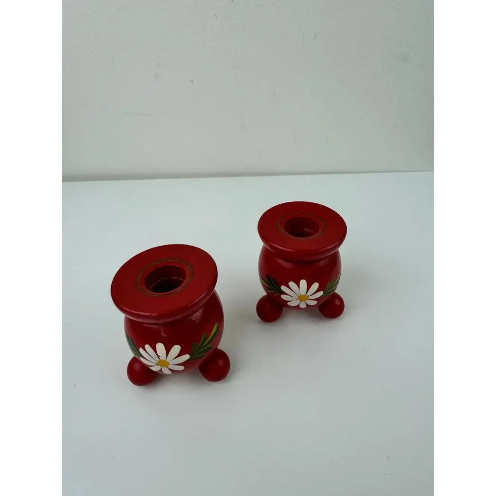 Vintage Swedish Red Candlestick Holders Wooden Flowers Hand Painted Set of 2